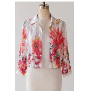Mishca 100% Cotton Tropical Floral Button Front Blouse Women's S